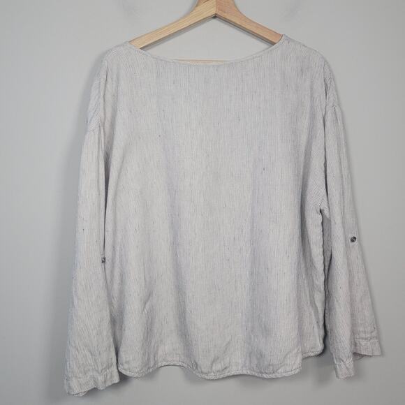 Eileen Fisher M Linen Striped Zip Top Roll Tab Sleeve Blouse - Picture 2 of 11